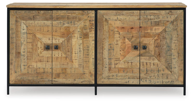 Ashley Furniture Camney Accent Cabinet with sleek wood finish and modern design, featuring cabinet doors and decorative hardware.