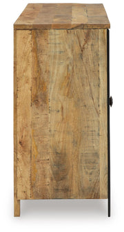 Ashley Furniture Camney Accent Cabinet with wood finish, featuring storage cabinets and decorative top surface.