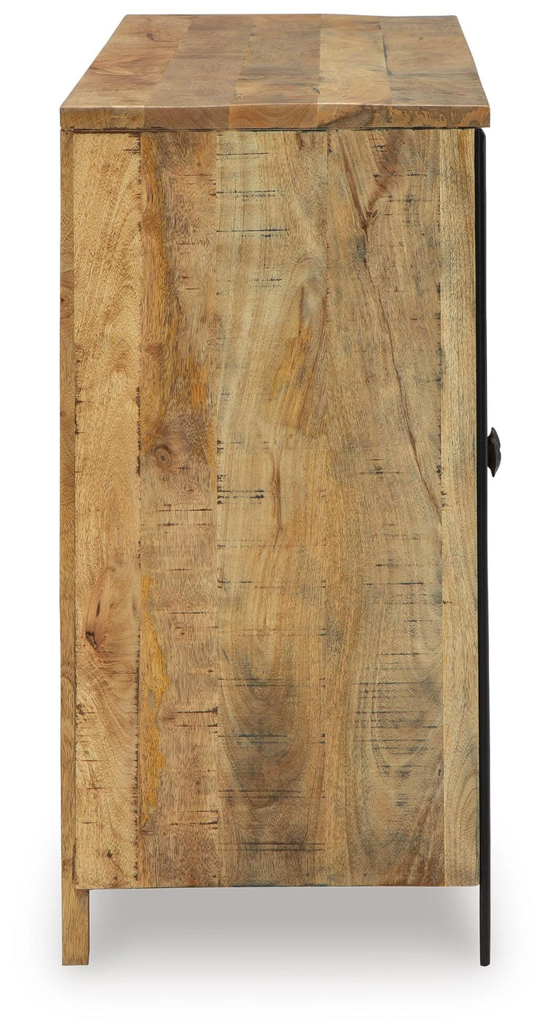Ashley Furniture Camney Accent Cabinet with wood finish, featuring storage cabinets and decorative top surface.