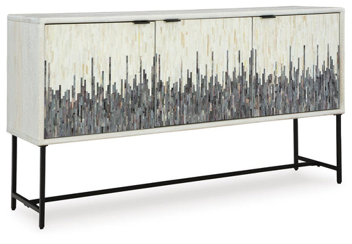 Ashley Furniture Freyton Accent Cabinet with closed doors, wood finish, and modern design, shown from an angled side view.