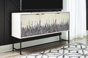 Ashley Furniture Freyton Accent Cabinet with sleek wood finish and modern design, featuring storage drawers and decorative top surface.
