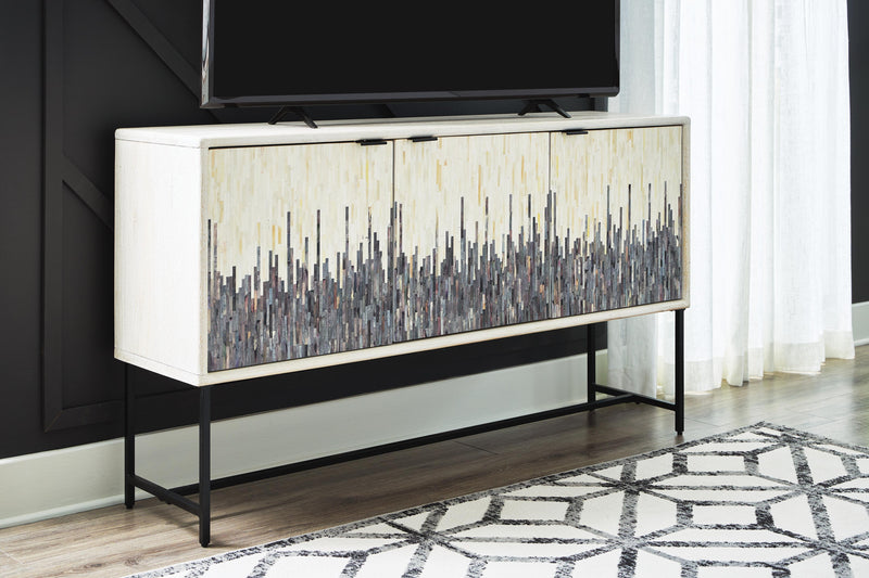 Ashley Furniture Freyton Accent Cabinet with sleek wood finish and modern design, featuring storage drawers and decorative top surface.