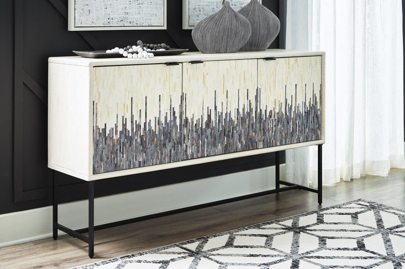Ashley Furniture Freyton Accent Cabinet with wood finish, featuring storage drawers and a stylish design for living room decor.