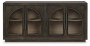 Ashley Furniture Dreley Accent Cabinet featuring a sleek wood finish and modern design, shown from a front head-on view.