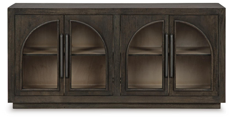 Ashley Furniture Dreley Accent Cabinet featuring a sleek wood finish and modern design, shown from a front head-on view.