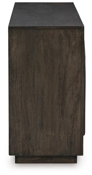 Ashley Furniture Dreley accent cabinet with wood finish and modern design, shown from the side view.