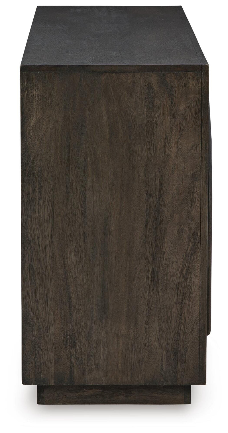 Ashley Furniture Dreley accent cabinet with wood finish and modern design, shown from the side view.