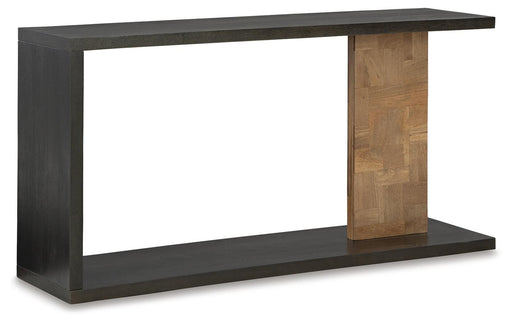 Ashley Furniture Camlett console sofa table with a sleek wooden surface and modern design, shown from an angled side view.