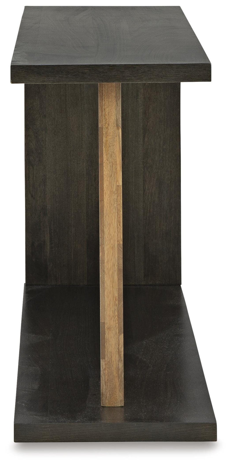 Ashley Furniture Camlett Console Sofa Table with a sleek wooden design and metal accents, shown from a side angle.