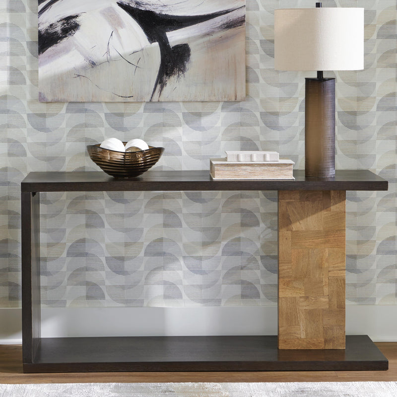 Ashley Furniture Camlett Console Sofa Table with a sleek wooden finish and modern design, ideal for entryways or living rooms.