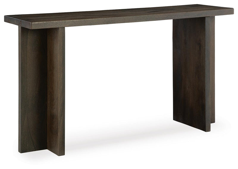 Ashley Furniture Jalenry console sofa table with a sleek wooden finish, shown from an angled side view.