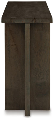 Ashley Furniture Jalenry Console Sofa Table with a sleek wooden finish and clean lines, shown from the side.
