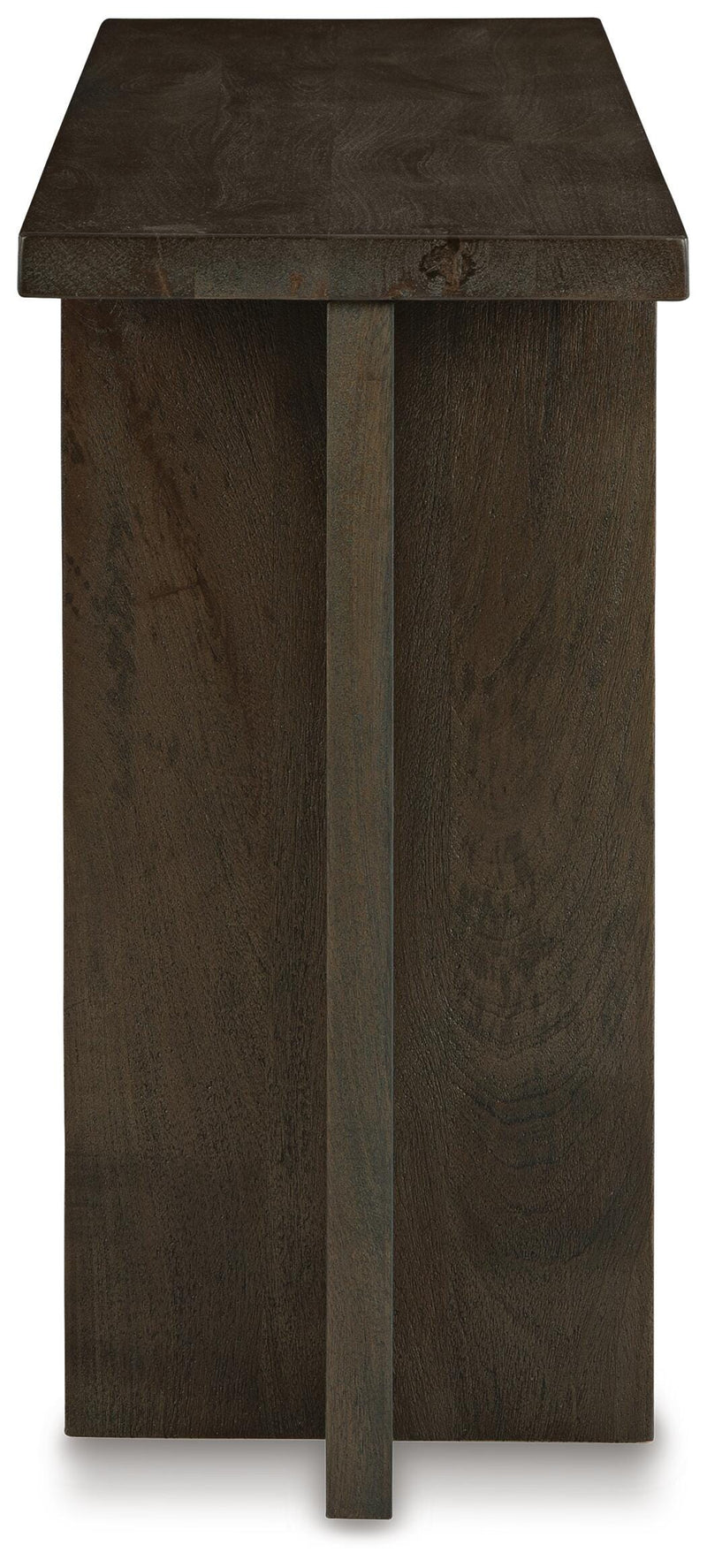 Ashley Furniture Jalenry Console Sofa Table with a sleek wooden finish and clean lines, shown from the side.