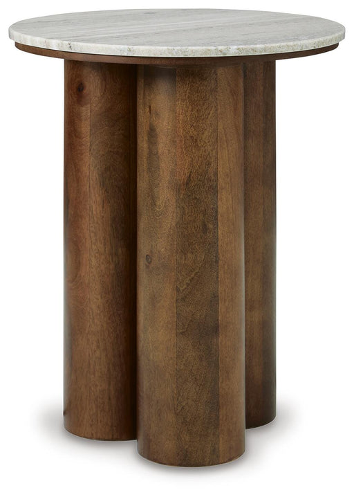 Ashley Furniture Henfield accent table with a sleek wooden top and tapered legs, shown from an angled view.