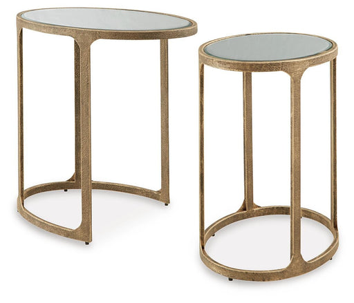 Pair of Ashley Furniture Irmaleigh accent end tables with wooden tops and tapered legs, shown from an angled side view.
