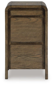 Ashley Furniture Jensworth Accent Table with a sleek round top and modern wooden finish, ideal for stylish living room decor.