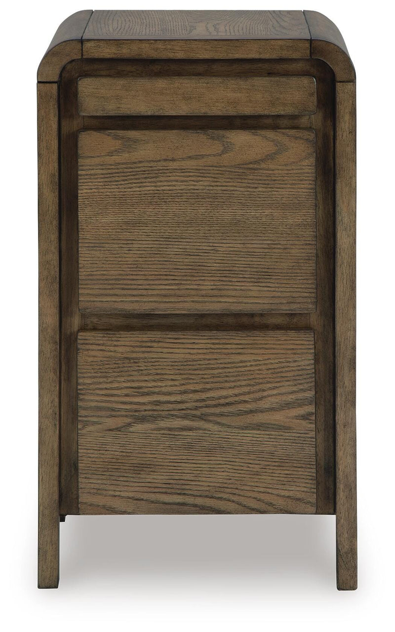 Ashley Furniture Jensworth Accent Table with a sleek round top and modern wooden finish, ideal for stylish living room decor.