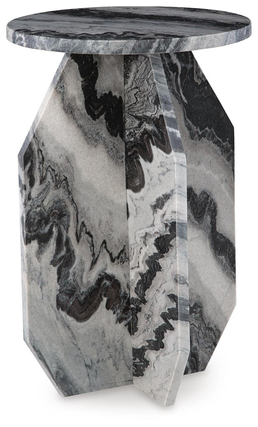Ashley Furniture Wrenlane accent end table with a wooden finish and simple design, shown from an angled view.