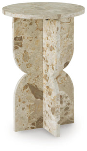 Ashley Furniture Treygan accent end table with a wooden top and sleek metal legs, shown from an angled side view.