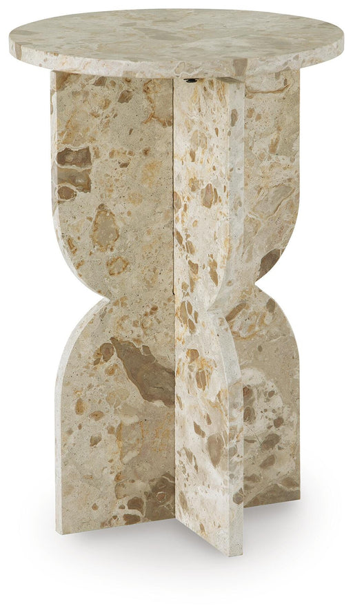 Ashley Furniture Treygan accent end table with a wooden top and sleek metal legs, shown from an angled side view.