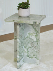 Ashley Furniture Deaconwell accent end table with a wooden top and metal legs, perfect for living room decor.