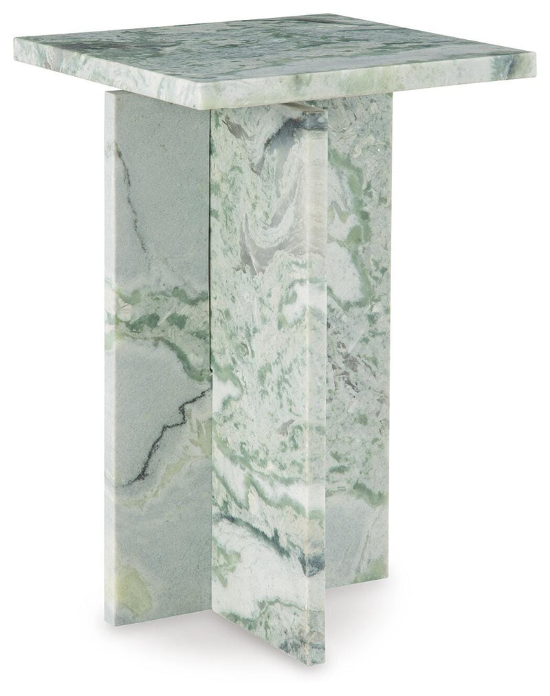 Ashley Furniture Deaconwell accent end table with a wood finish and modern design, shown from an angled view.