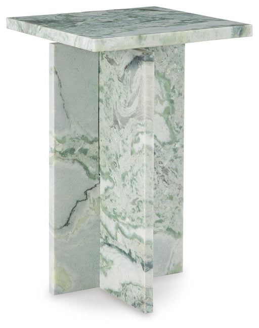 Ashley Furniture Deaconwell accent end table with a wood finish and modern design, shown from an angled view.