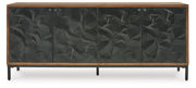 Ashley Furniture Dorannby Accent Cabinet in a light wood finish, featuring sleek design and storage space, shown from a front view.