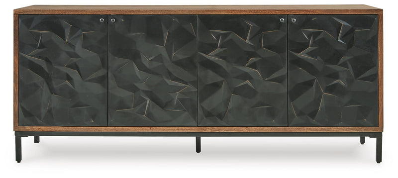 Ashley Furniture Dorannby Accent Cabinet in a light wood finish, featuring sleek design and storage space, shown from a front view.