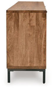 Ashley Furniture Dorannby Accent Cabinet with wood finish and sleek design, featuring doors and storage space.