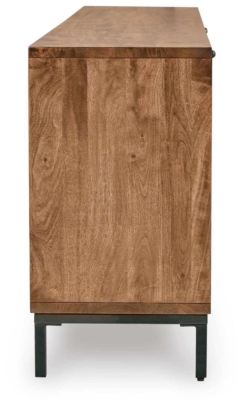 Ashley Furniture Dorannby Accent Cabinet with wood finish and sleek design, featuring doors and storage space.
