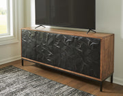 Ashley Furniture Dorannby Accent Cabinet showing a stylish wooden storage cabinet with a smooth finish and decorative hardware.