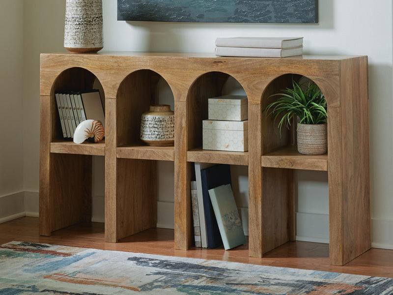 Ashley Furniture Luzmanacy console sofa table with a sleek wooden surface and modern design, perfect for living room decor.