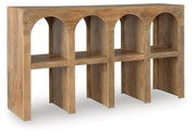 Ashley Furniture Luzmanacy Console Sofa Table with sleek wooden top and sturdy legs, shown from an angled view.