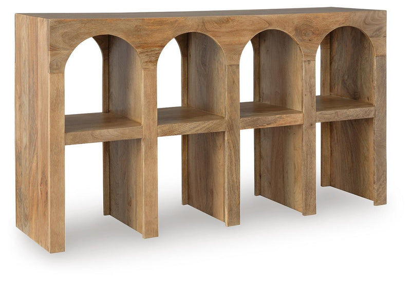 Ashley Furniture Luzmanacy Console Sofa Table with sleek wooden top and sturdy legs, shown from an angled view.