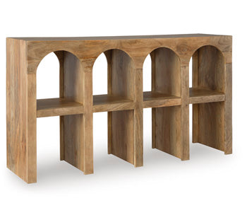 Ashley Furniture Luzmanacy console sofa table with a sleek wooden finish, shown from an angled perspective.