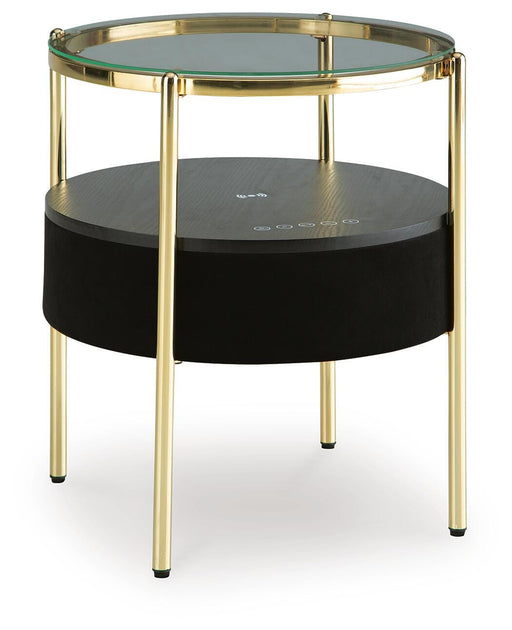 Ashley Furniture Nedman accent end table with built-in speaker, featuring a modern wooden design and sleek surface.