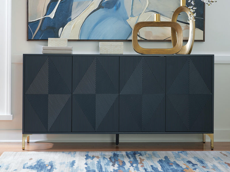 Ashley Furniture Loirwick accent cabinet with a sleek design, featuring wood finish and storage drawers.