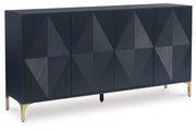 Ashley Furniture Loirwick Accent Cabinet showing a closed, stylish wooden cabinet with a modern design and angled doors.