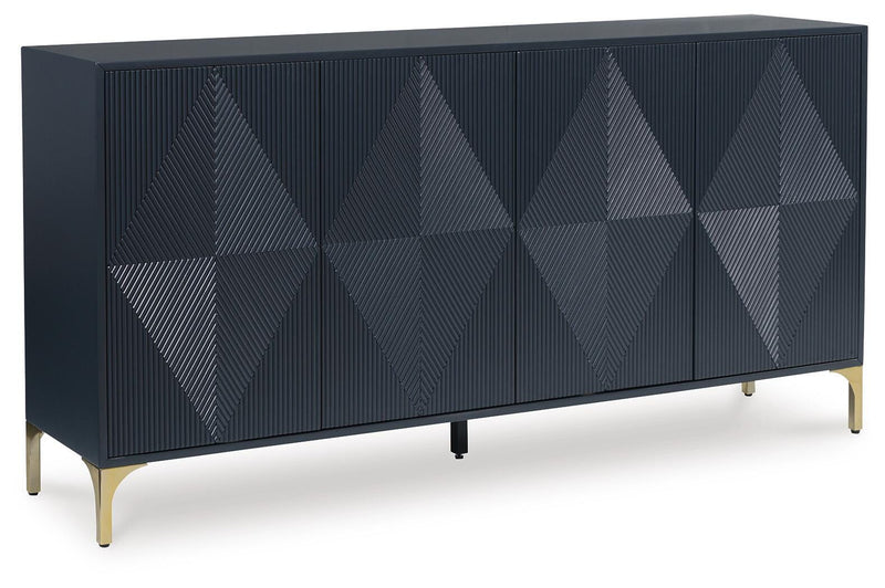 Ashley Furniture Loirwick Accent Cabinet showing a closed, stylish wooden cabinet with a modern design and angled doors.
