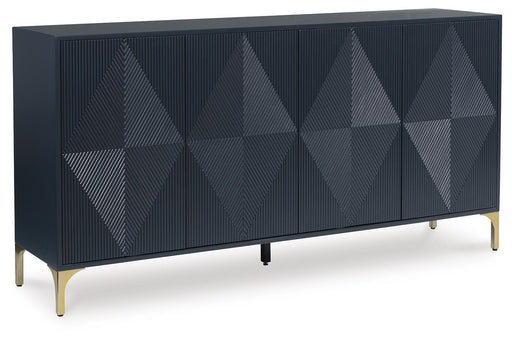 Ashley Furniture Loirwick Accent Cabinet showing a closed, stylish wooden cabinet with a modern design and angled doors.