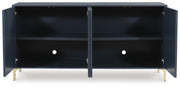 Open view of the Ashley Furniture Loirwick Accent Cabinet showcasing its stylish wood finish and storage compartments.