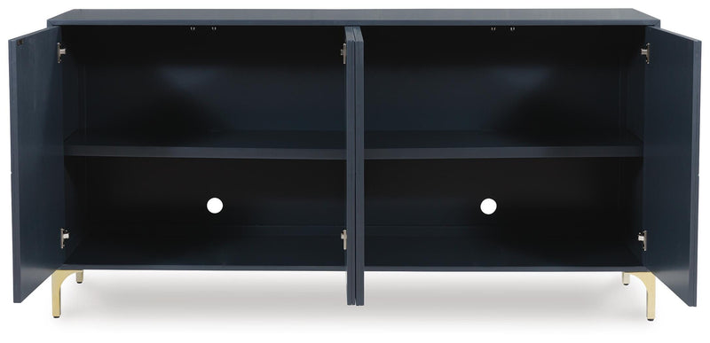 Open view of the Ashley Furniture Loirwick Accent Cabinet showcasing its stylish wood finish and storage compartments.
