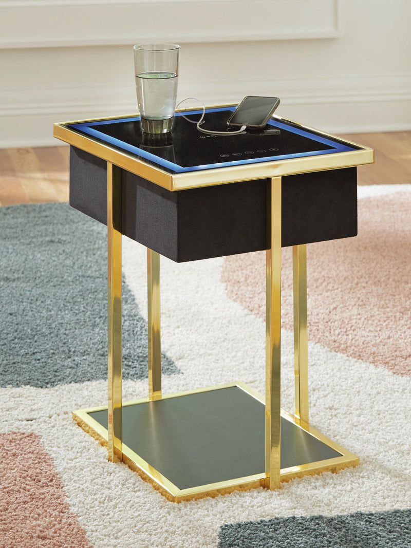 Ashley Furniture Rexwell Accent End Table with integrated speaker, modern design, wood finish, and sleek surface.