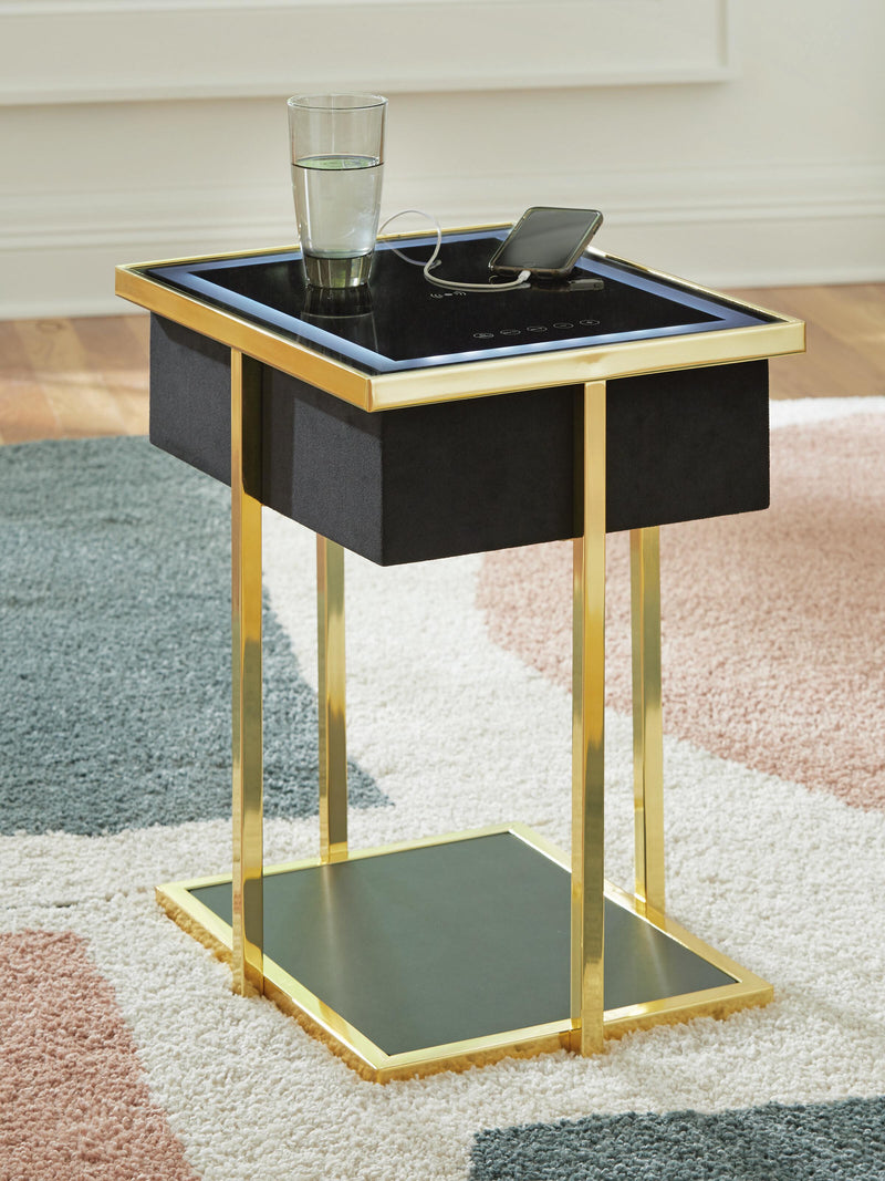 Ashley Furniture Rexwell Accent End Table with built-in speaker, featuring a sleek design and functional surface.