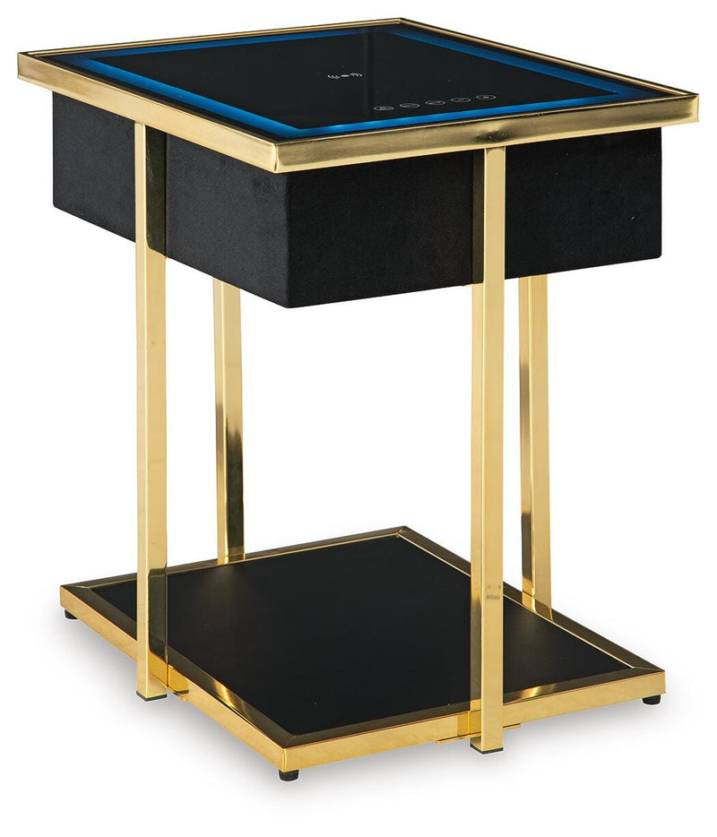 Ashley Furniture Rexwell Accent Table with built-in speaker, modern end table with sleek design and functional audio feature.