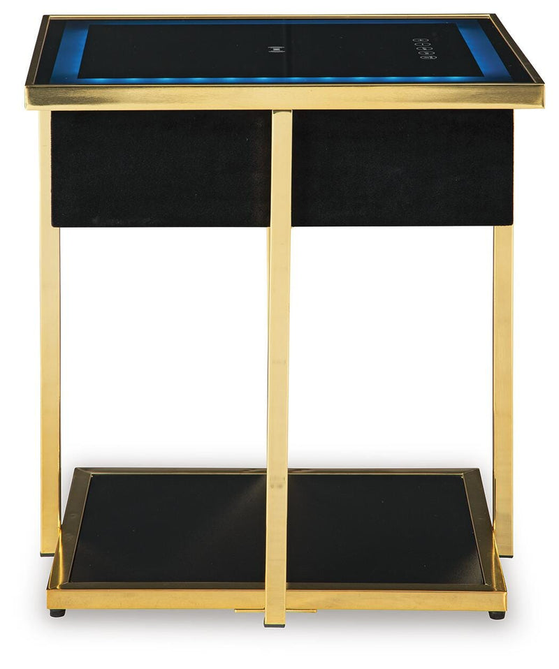 Ashley Furniture Rexwell accent end table with integrated speaker, featuring a wooden top and modern design.