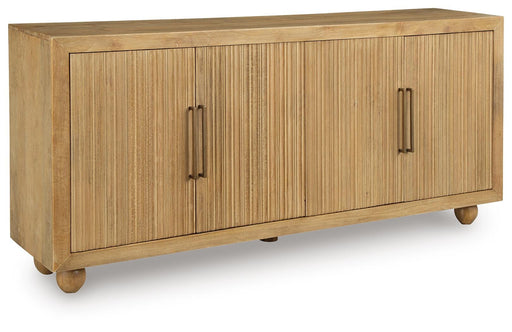 Ashley Furniture Niam Accent Cabinet with sleek wood finish and modern design, shown from an angled closed view.