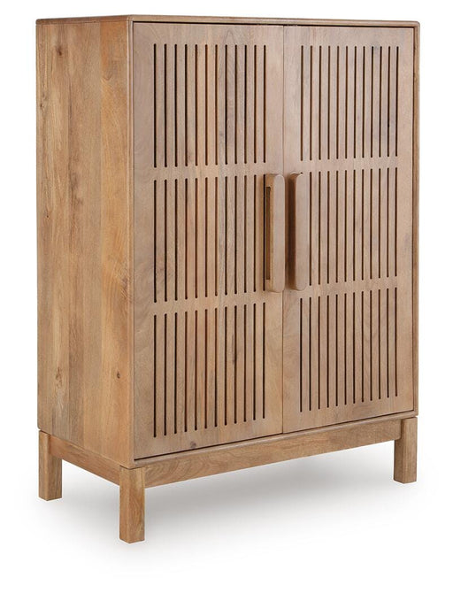 Ashley Furniture Pellamour accent bar cabinet with closed doors, wooden finish, and stylish design for elegant storage.