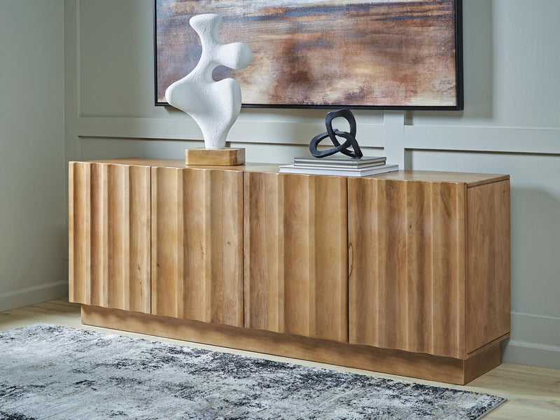 Ashley Furniture Timkins Accent Cabinet showing a stylish wood finish with storage compartments and sleek design.